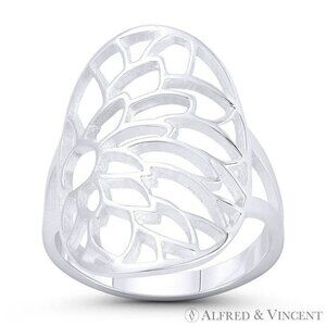 Lotus Flower Buddhist Charm Statement Long Ring in .925 Sterling Silver - Size 9